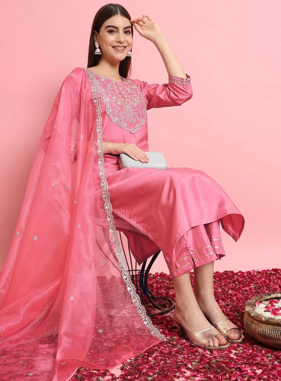 Pink Embroidered Silk Kurta Set with Organza Dupatta