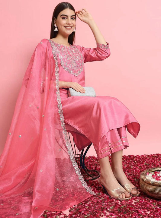 Pink Embroidered Silk Kurta Set with Organza Dupatta