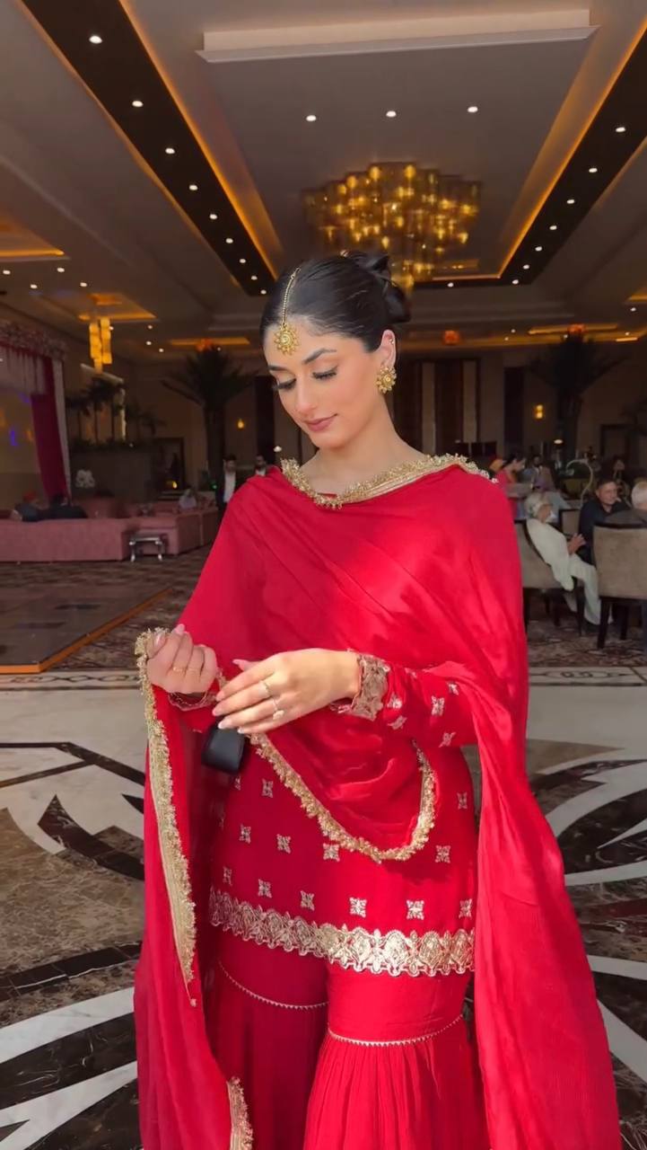 Red Embellished Sharara Suit