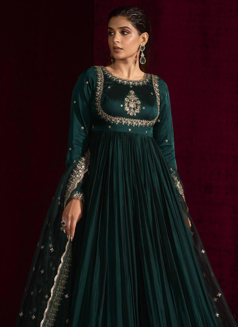 Emerald Green Embroidered Anarkali Gown