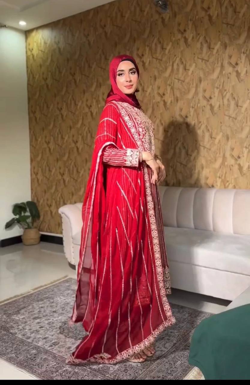 Red Embroidered Straight Suit Set