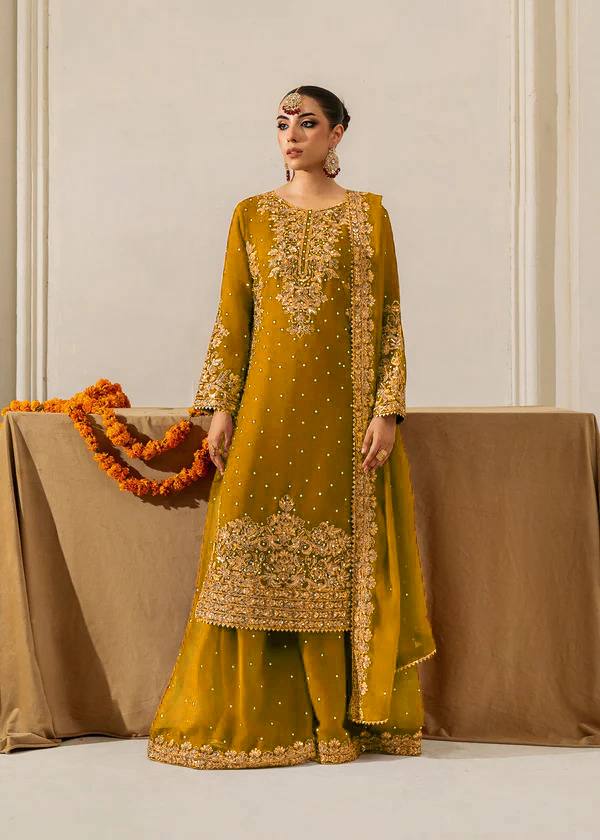 Mustard Embellished Long Kurta with Sharara and Dupatta