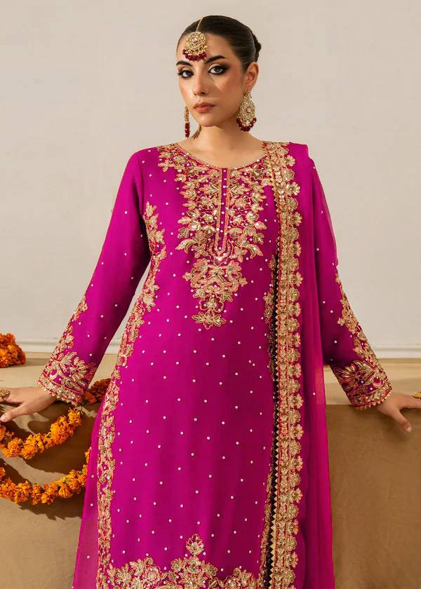 Fuchsia Embellished Long Kurta with Sharara and Dupatta