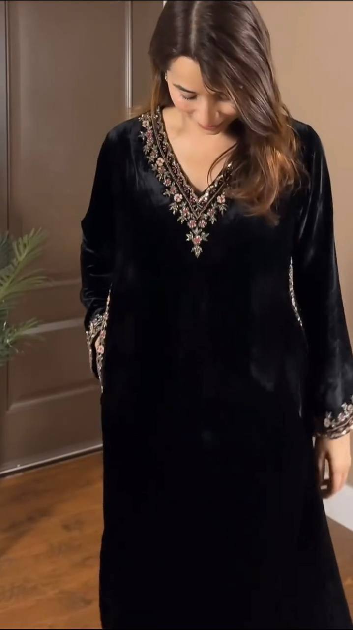Black Velvet Embroidered Kurta Set