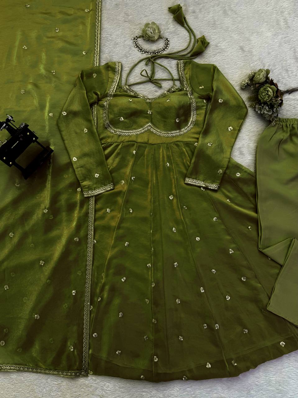 Dark Green Mirror Work Anarkali Suit