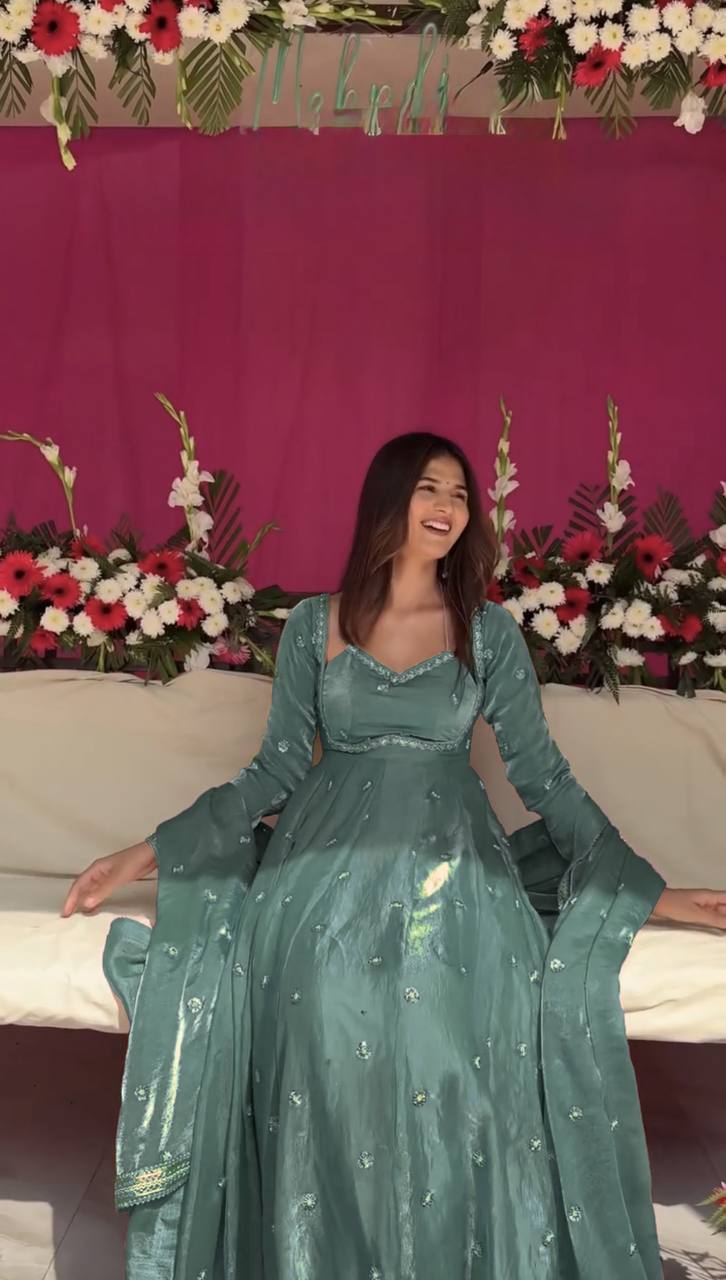 Sky Blue Mirror Work Anarkali Suit