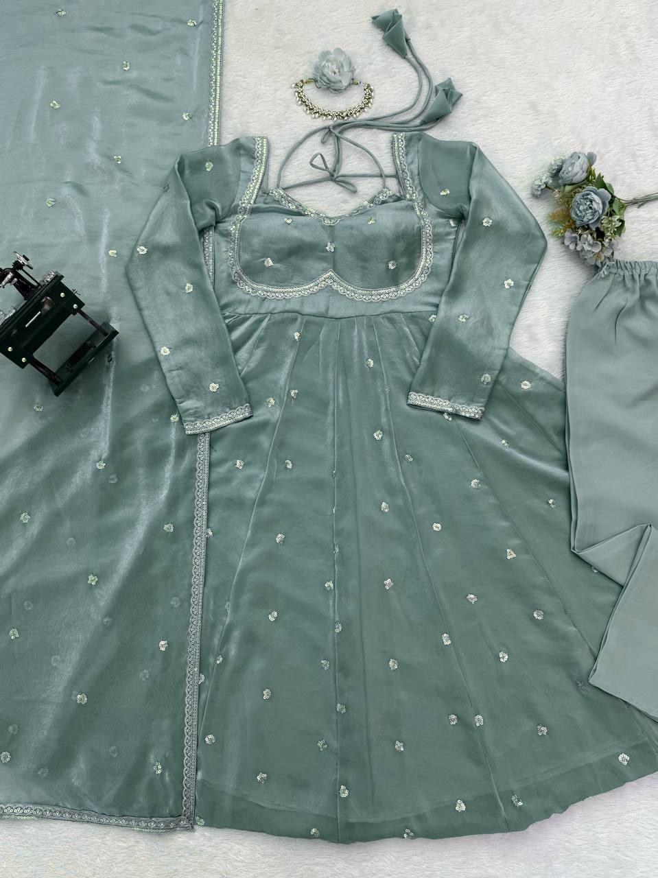 Sky Blue Mirror Work Anarkali Suit