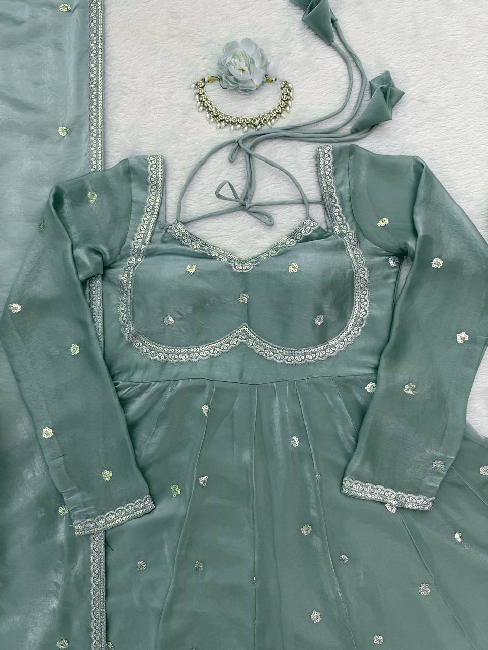 Sky Blue Mirror Work Anarkali Suit