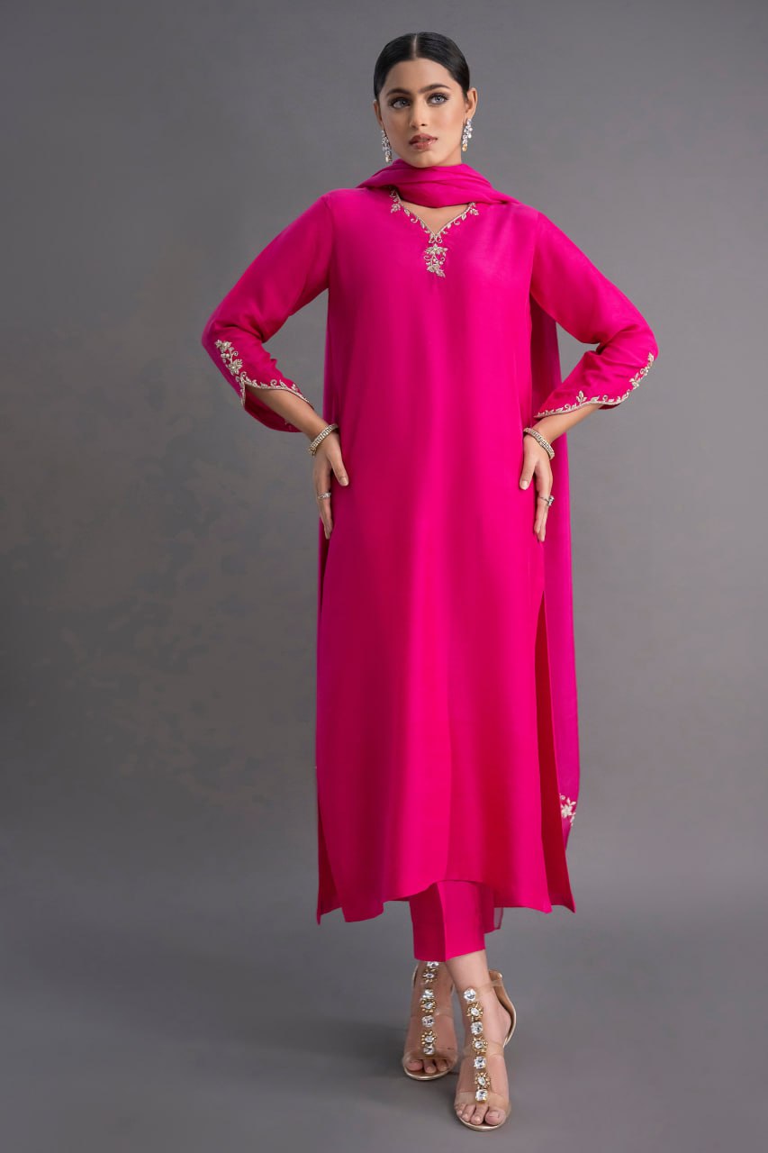 Fuchsia Pink Embroidered Long Kurta Set with Attached Trail