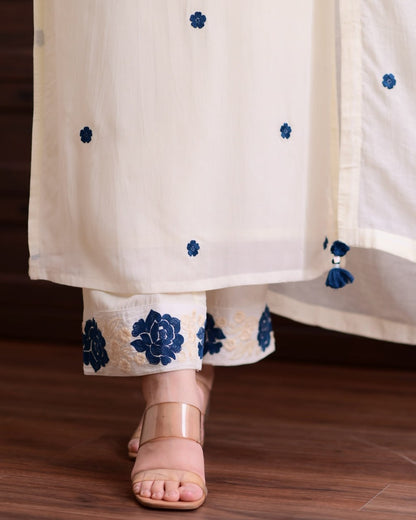 Cream Kurta with Blue Floral Embroidery & Dupatta