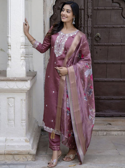 Mauve Embroidered Kurta Set with Floral Dupatta