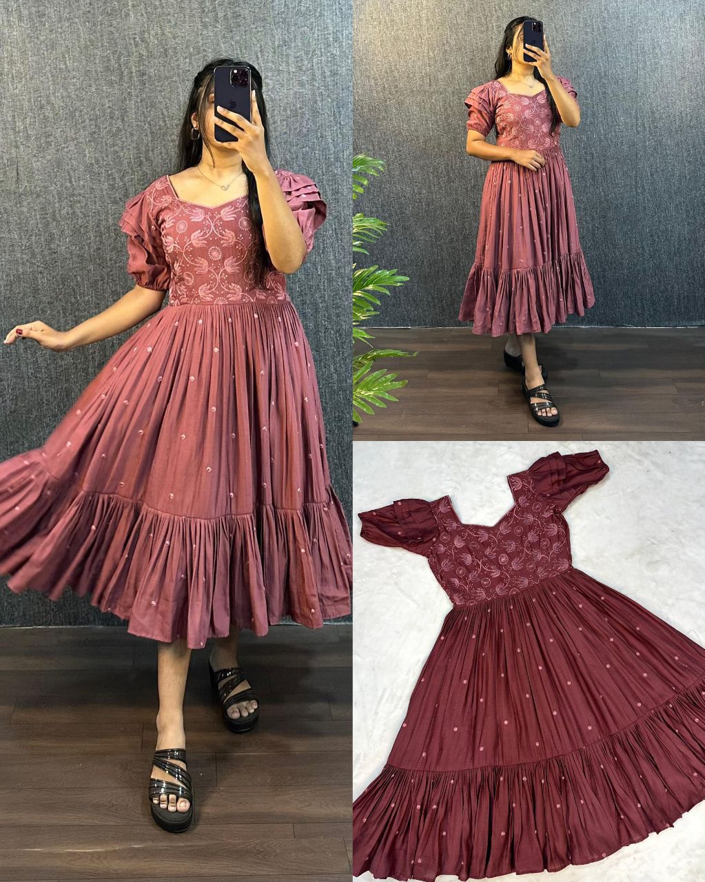 Rose Pink Embroidered Pleated Sleeve Flared Midi Dress