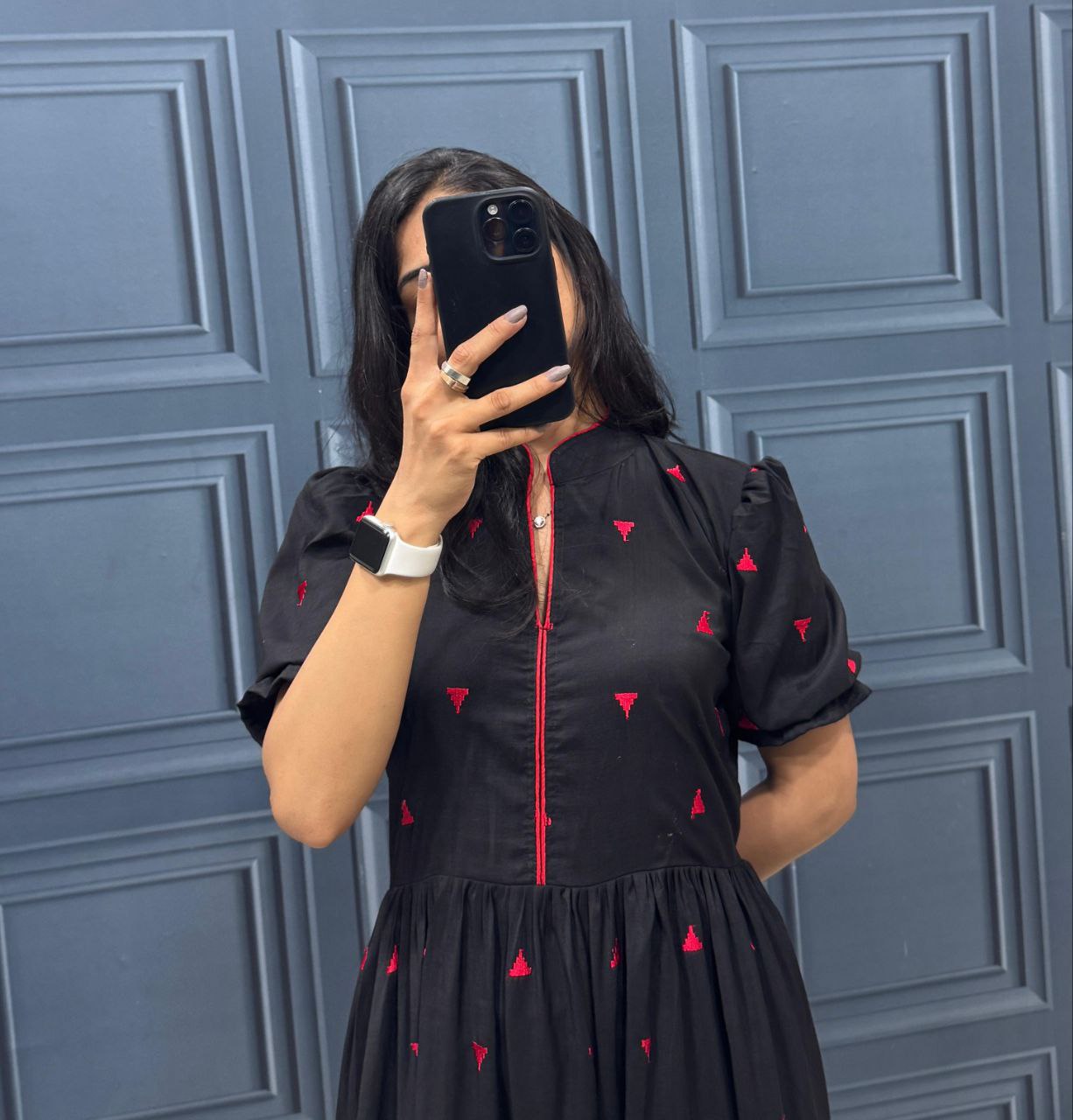 Black Tiered Midi Dress with Puff Sleeves