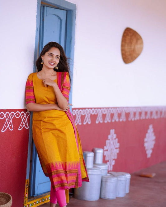 Yellow Cotton Kurti with Pink & Black Banarasi Border Dupatta Set