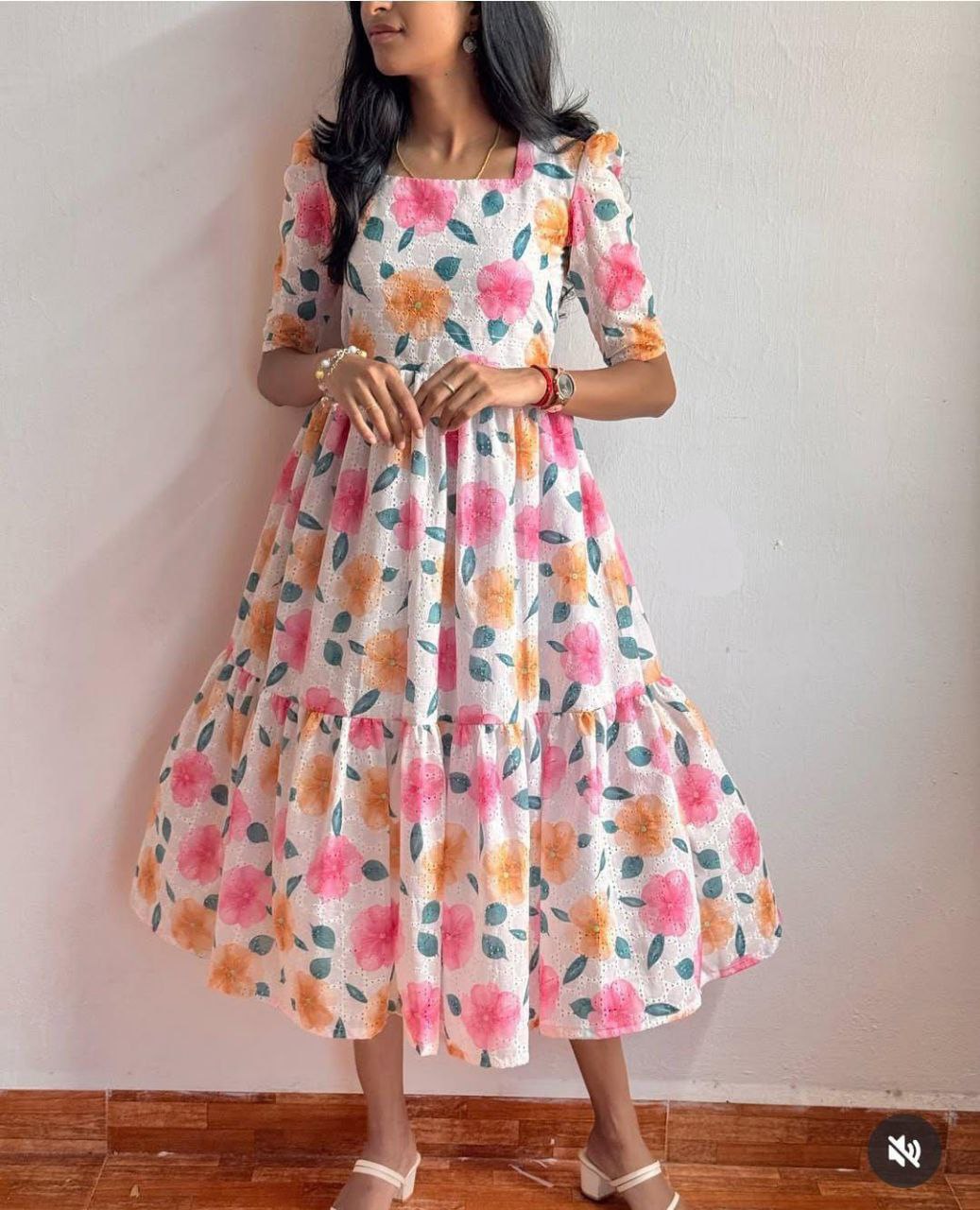 White Floral Eyelet Embroidered Tiered Midi Dress
