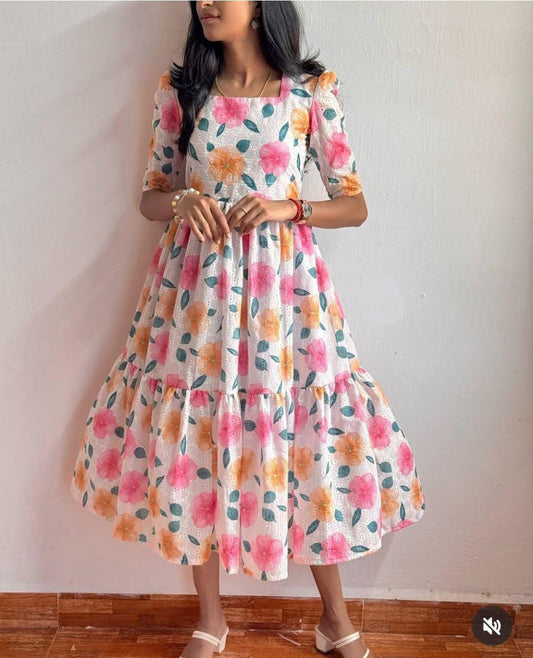 White Floral Eyelet Embroidered Tiered Midi Dress
