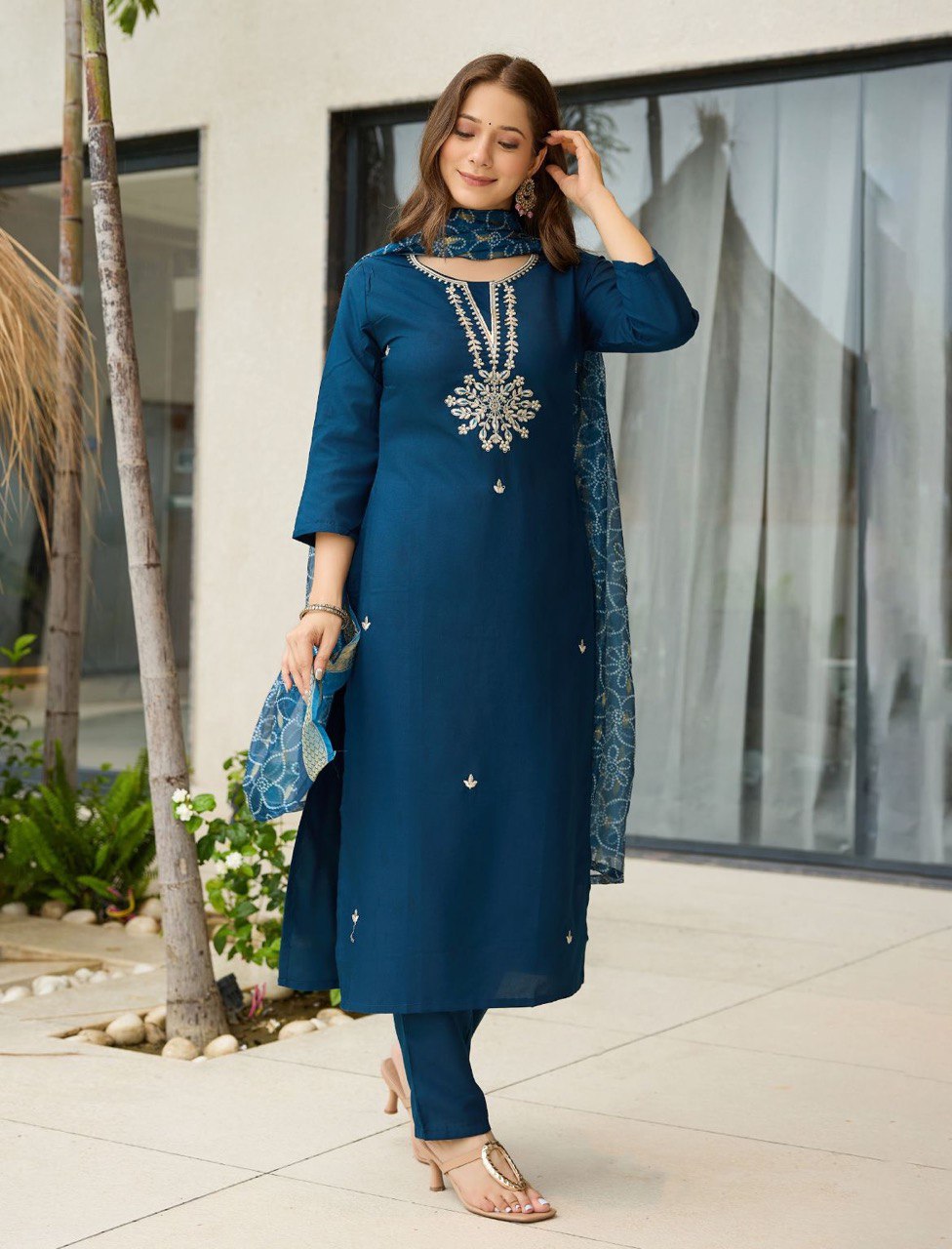 Teal Blue Embroidered Kurta Set with Dupatta