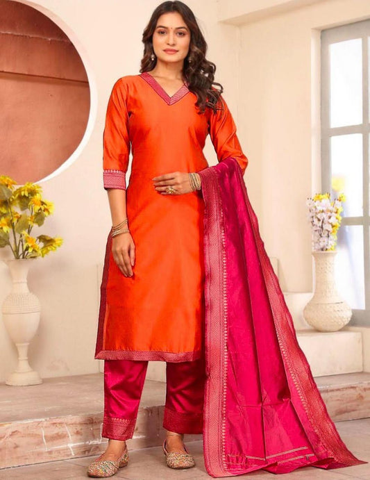 Orange Straight Kurta Set with Pink Dupatta