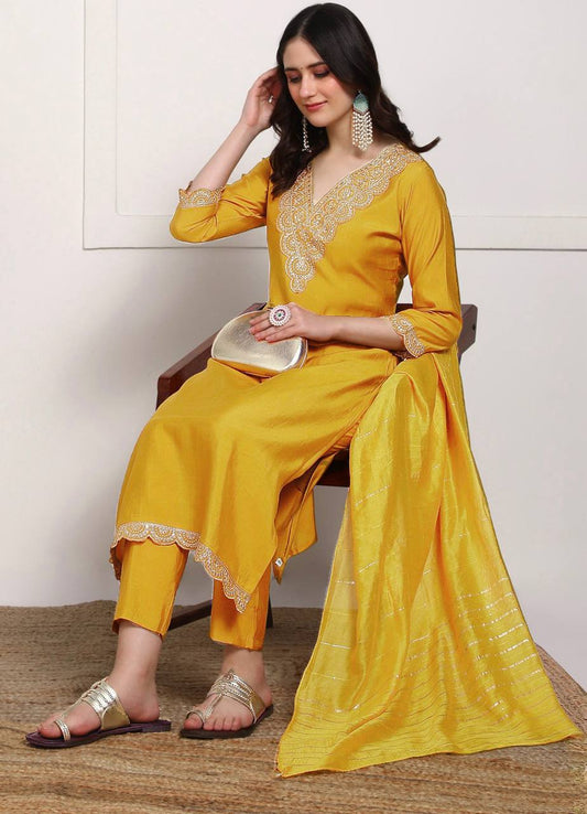 Mustard Yellow Embroidered Kurta Set with Dupatta
