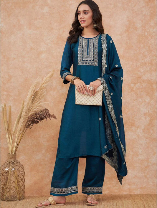 teal blue embroidered salwar suit set