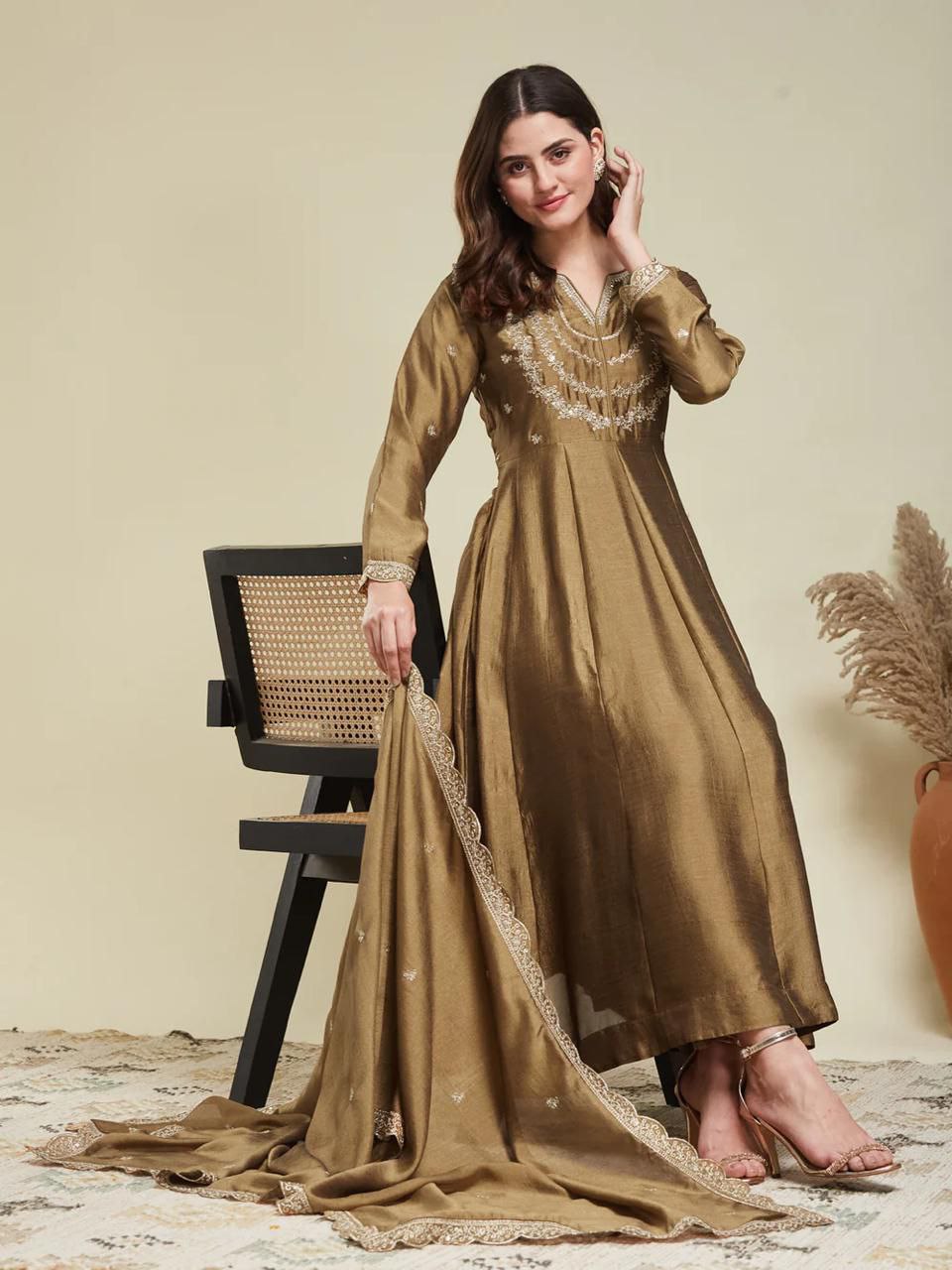 Olive Green Embroidered Anarkali Kurta Set with Dupatta