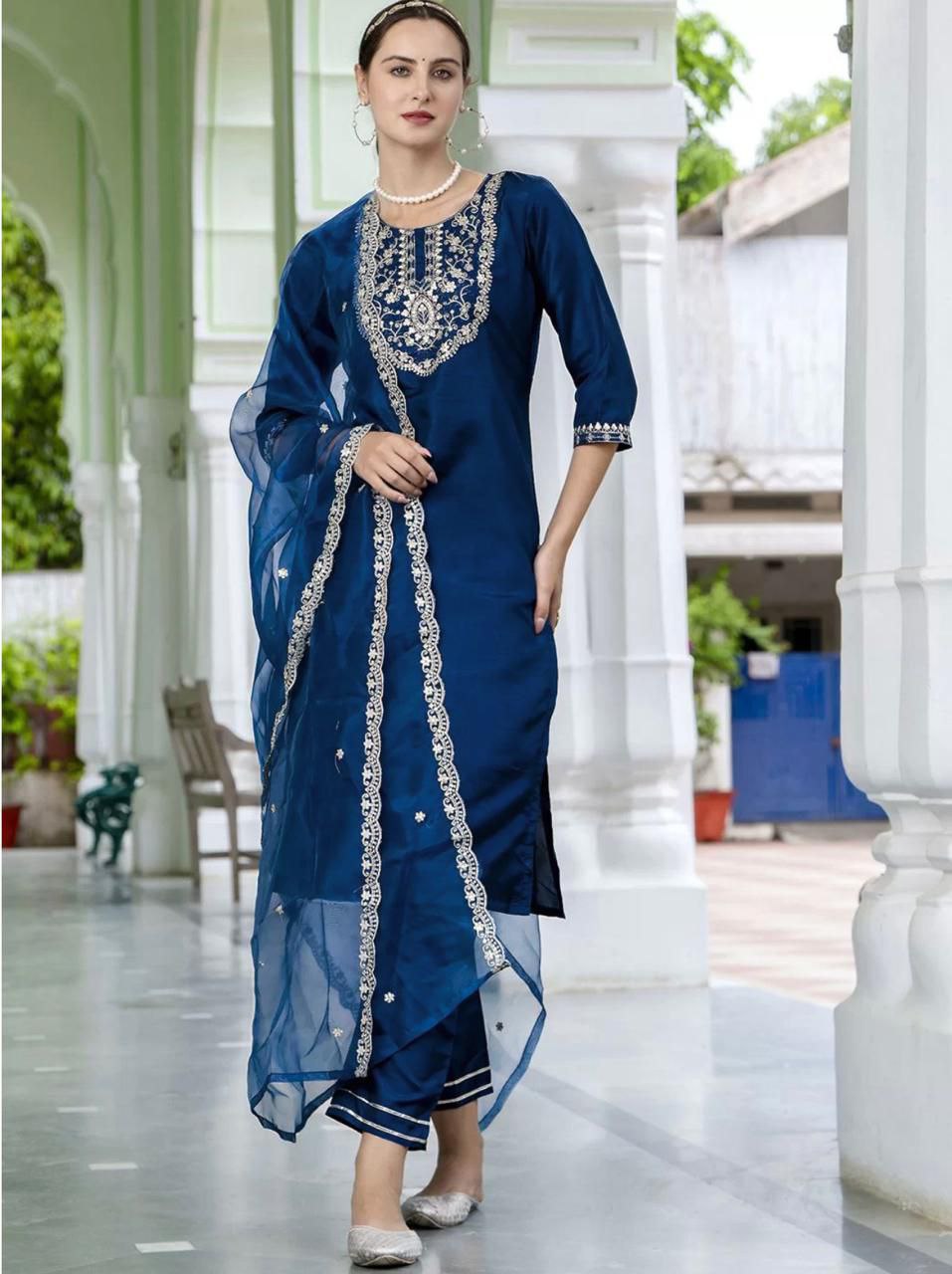 Navy Blue Embroidered Kurta Set with Pants and Dupatta