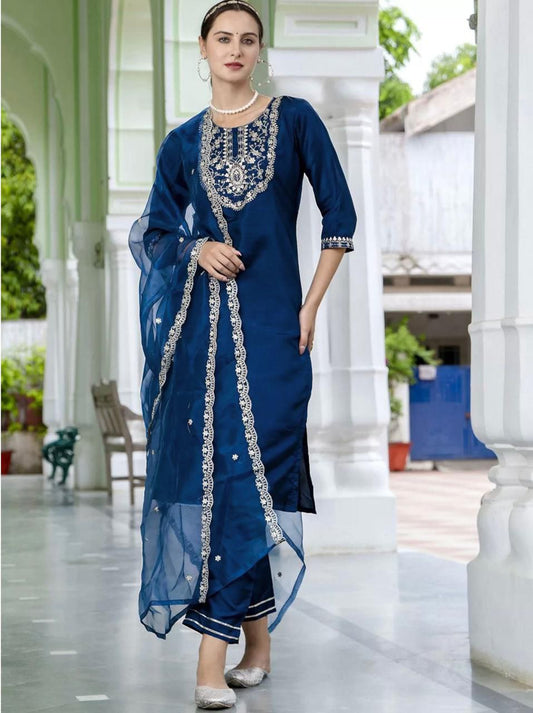 Navy Blue Embroidered Kurta Set with Pants and Dupatta