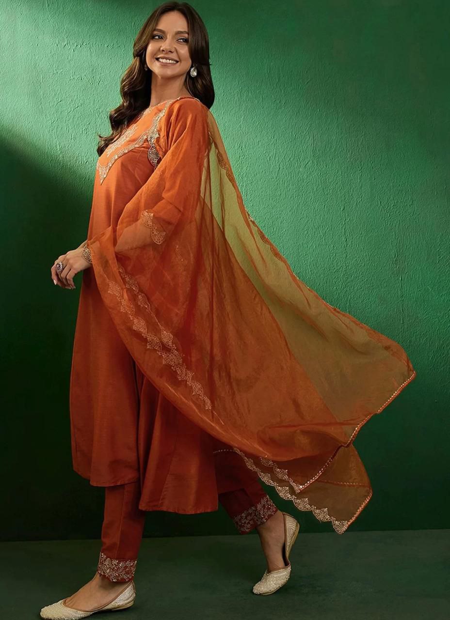 Rust Orange Embroidered Kurta Set with Pants and Dupatta