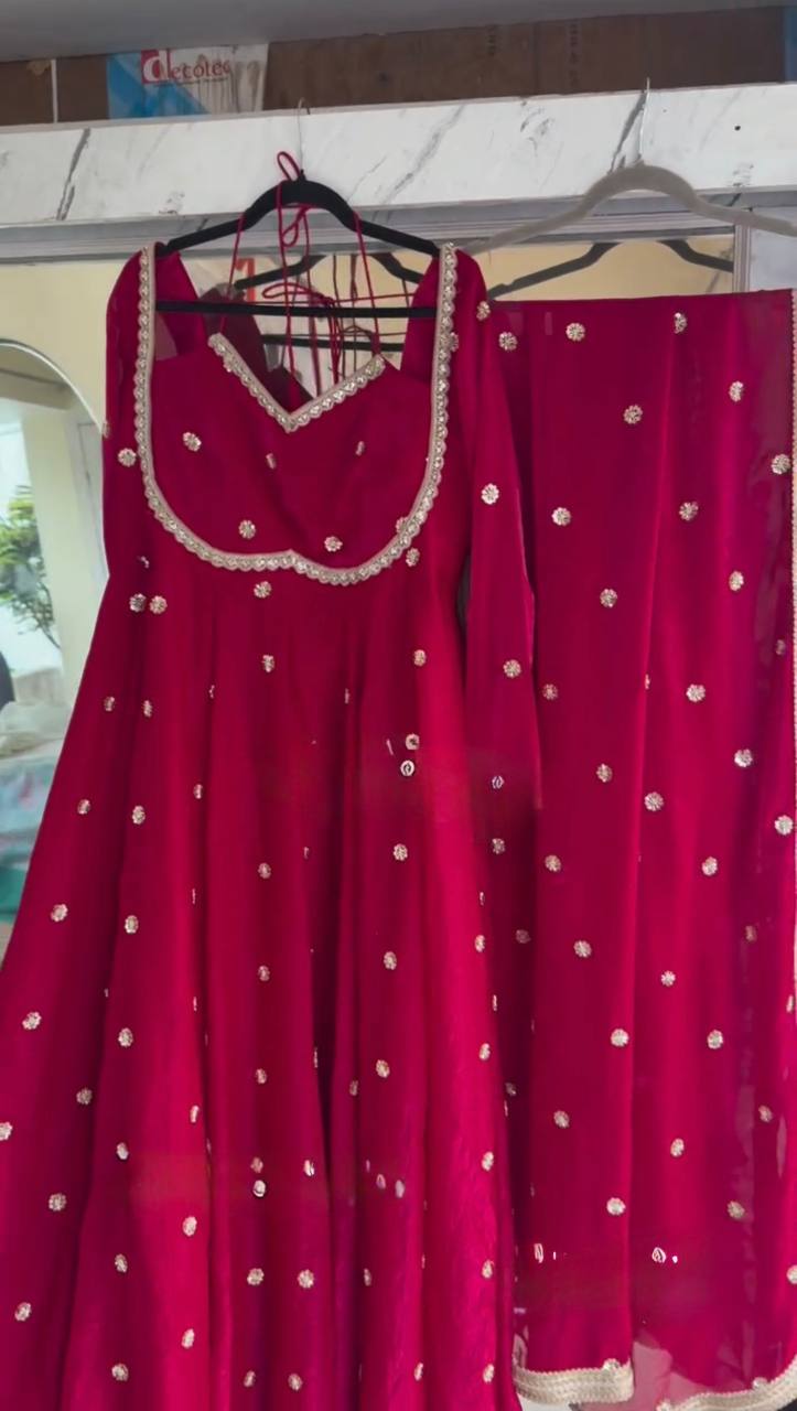 Red Mirror Work Anarkali Suit
