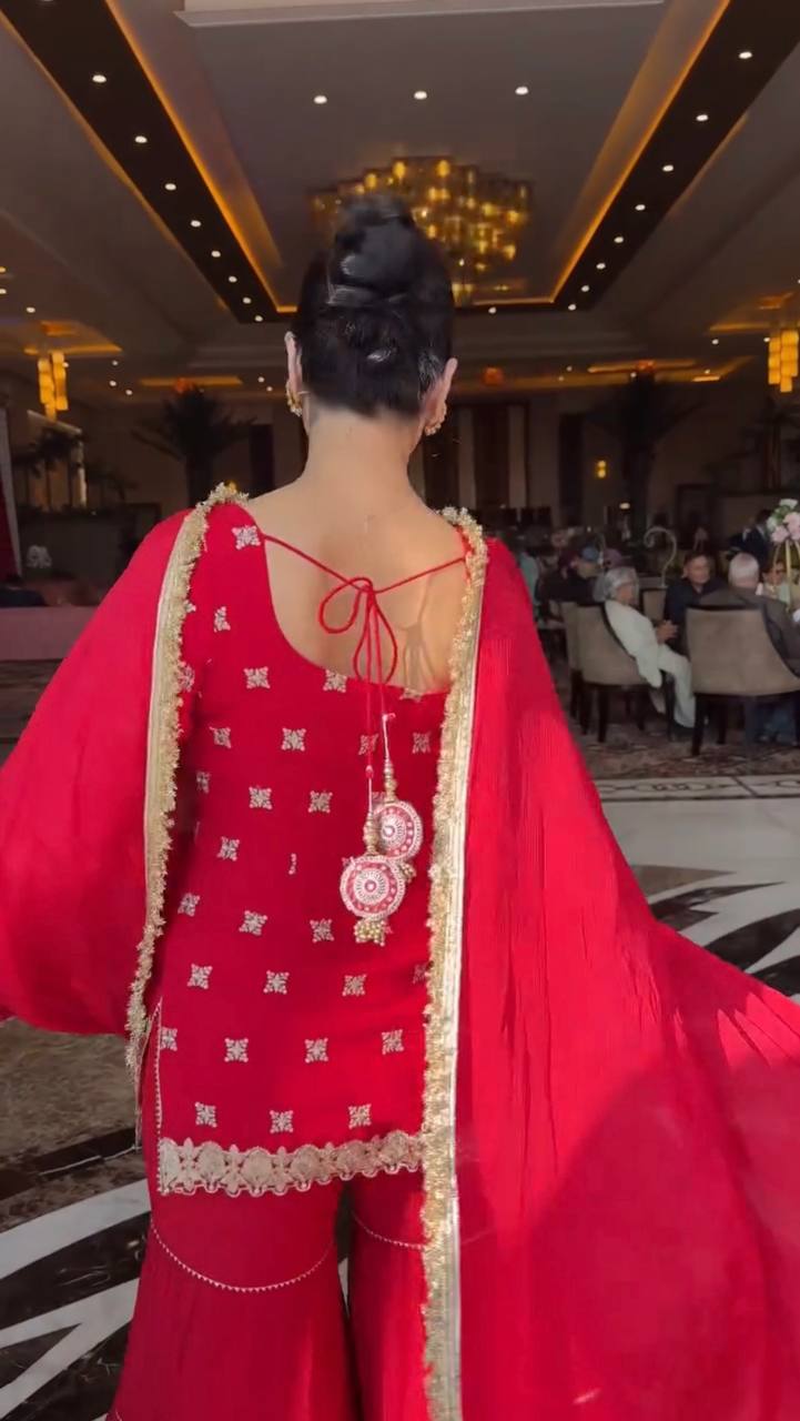 Red Embellished Sharara Suit