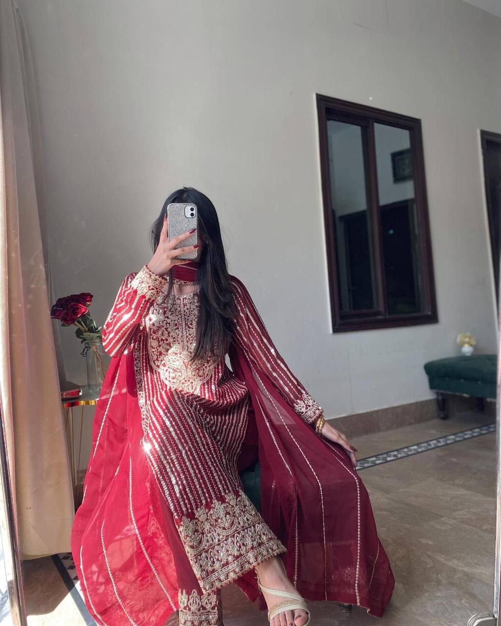 Red Embroidered Straight Suit Set