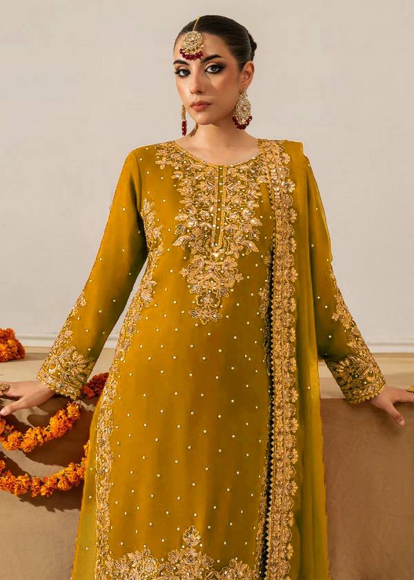 Mustard Embellished Long Kurta with Sharara and Dupatta