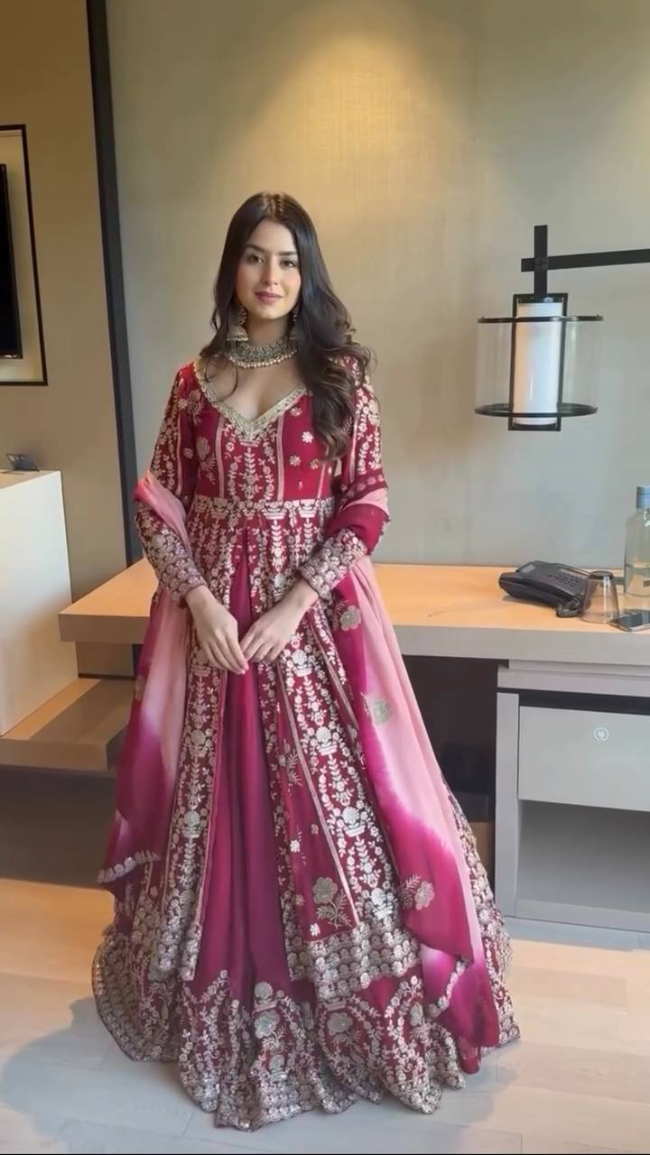 Wine Red Heavy Embroidered Bridal Lehenga with Long Sleeves and Dupatta
