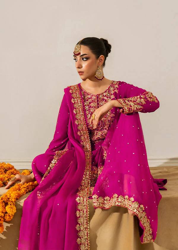 Fuchsia Embellished Long Kurta with Sharara and Dupatta