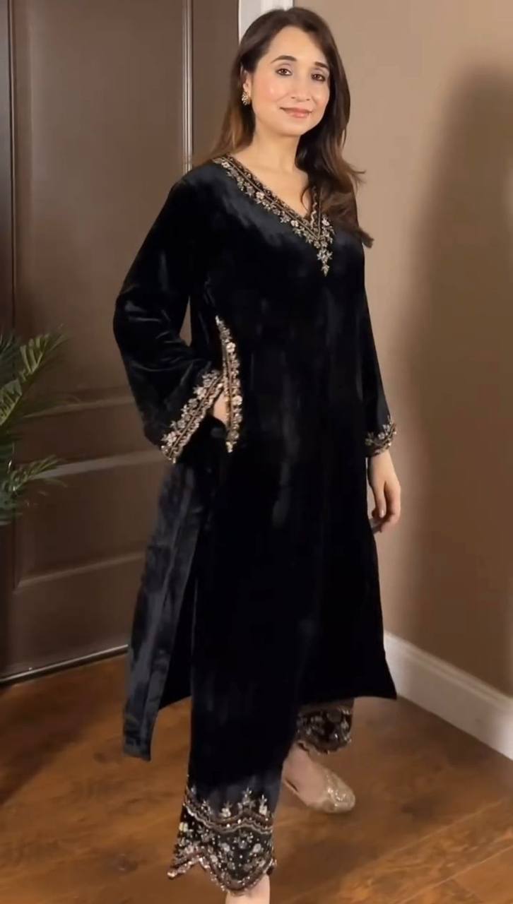 Black Velvet Embroidered Kurta Set
