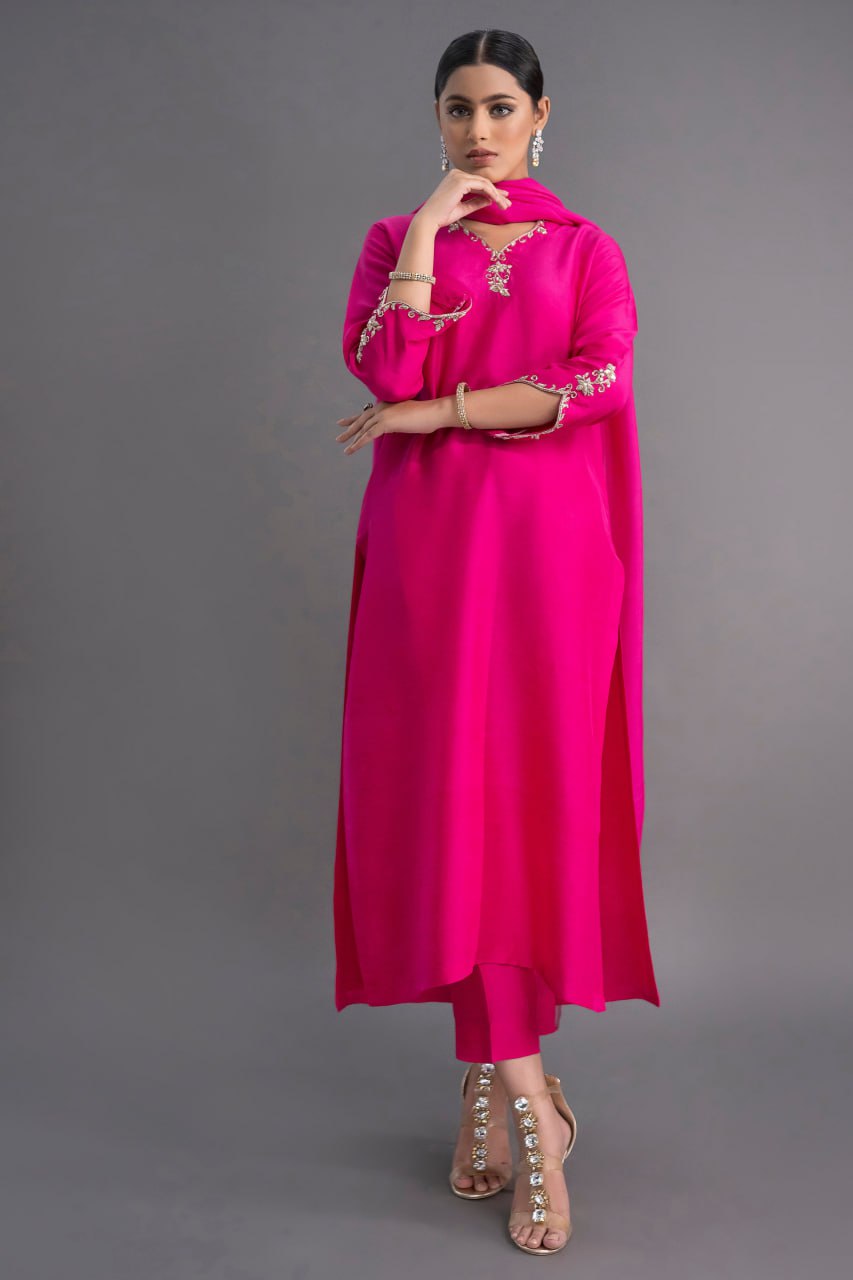 Fuchsia Pink Embroidered Long Kurta Set with Attached Trail