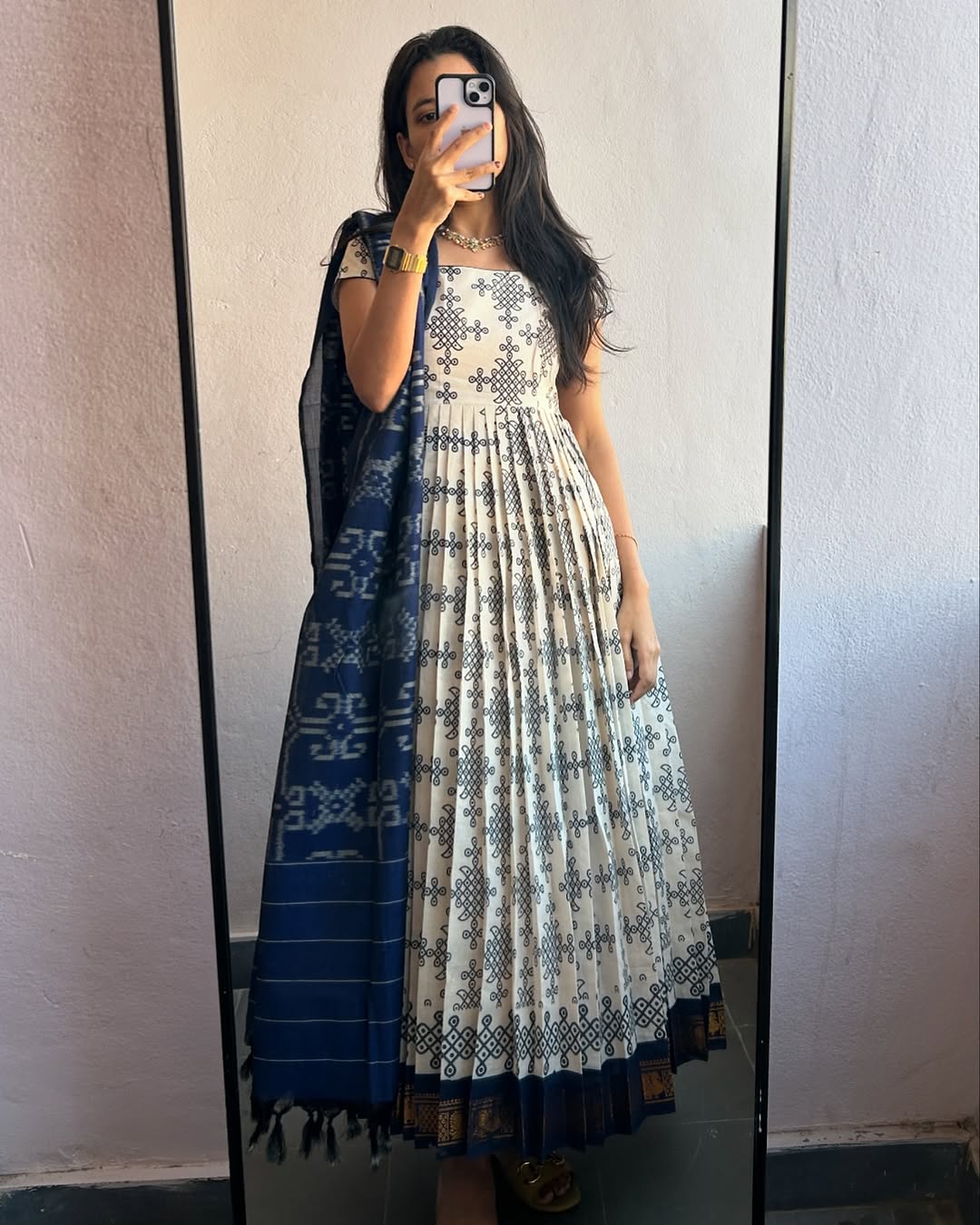 Indigo Handblock Anarkali with Dupatta