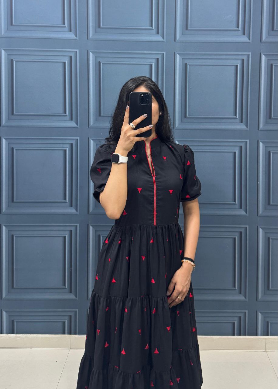 Black Tiered Midi Dress with Puff Sleeves