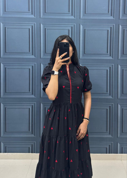 Black Tiered Midi Dress with Puff Sleeves