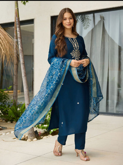 Teal Blue Embroidered Kurta Set with Dupatta