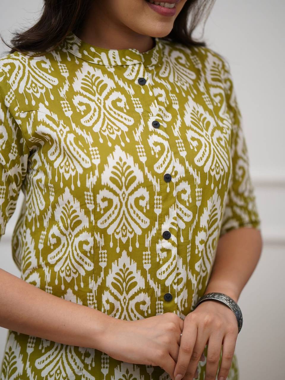Olive Green Ikat Print Button-Down Kurta Set