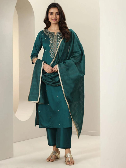 teal green embroidered salwar suit set (3-piece set)