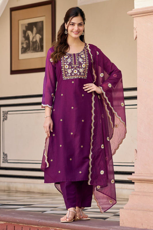 Plum Purple Embroidered Straight Kurta Set with Dupatta