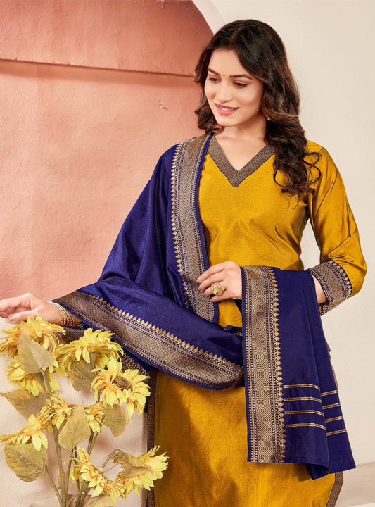 Mustard Yellow Straight Kurta Set with Blue Dupatta