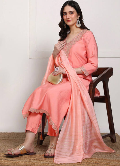 Peach Pink Embroidered Kurta Set with Dupatta