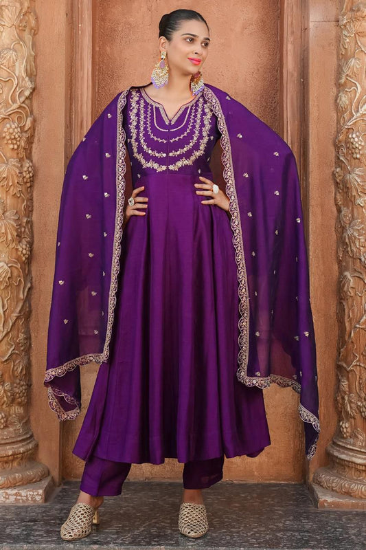 Purple Embroidered Anarkali Kurta Set with Dupatta