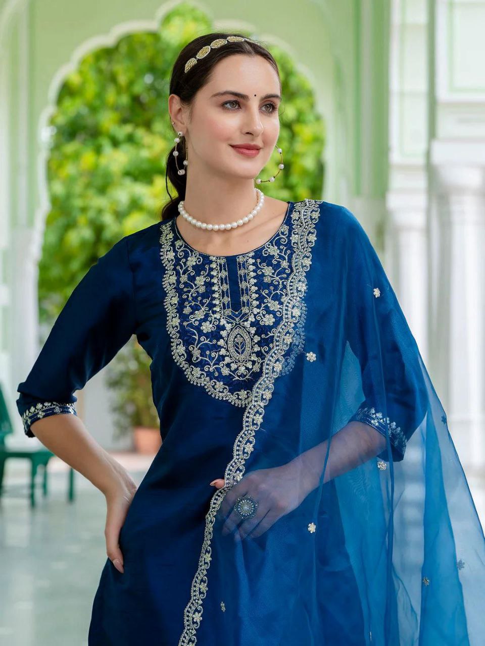 Navy Blue Embroidered Kurta Set with Pants and Dupatta