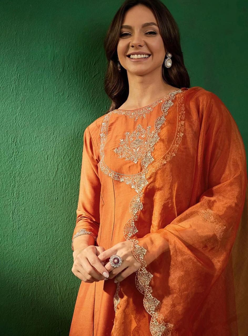 Rust Orange Embroidered Kurta Set with Pants and Dupatta