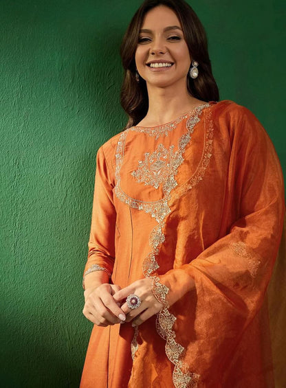 Rust Orange Embroidered Kurta Set with Pants and Dupatta