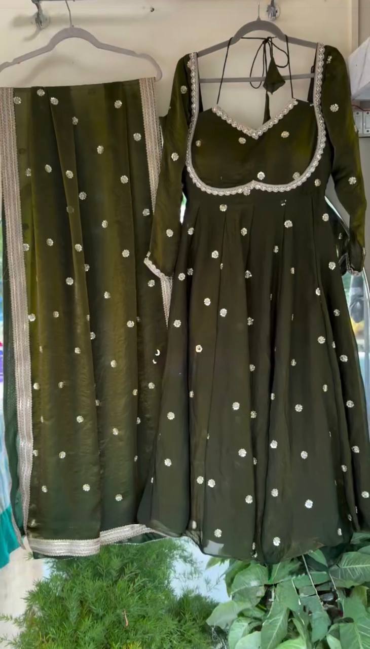 Dark Green Mirror Work Anarkali Suit
